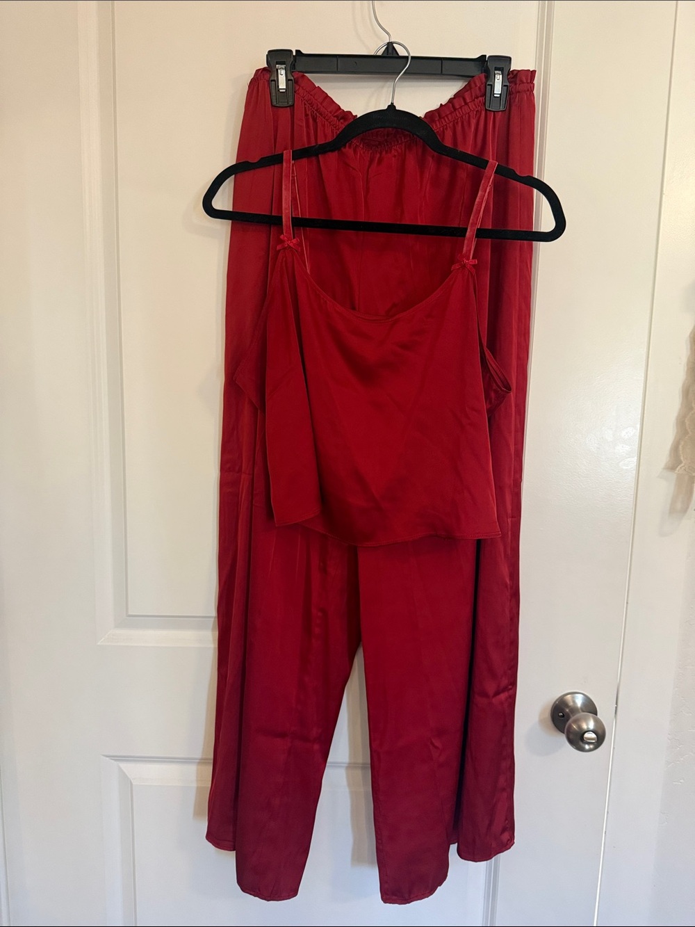 Auden Deep Red Satin Two-Piece Wide Leg Set - Spaghetti Strap Top Wide Leg Pants